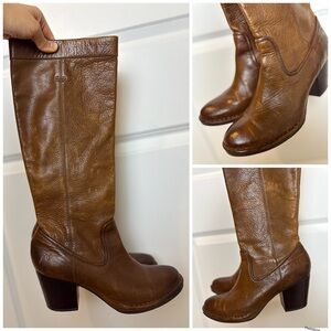 Frye Rory Scrunch Brown Leather Heeled Boots 8.5M Tall Vintage Distressed Look